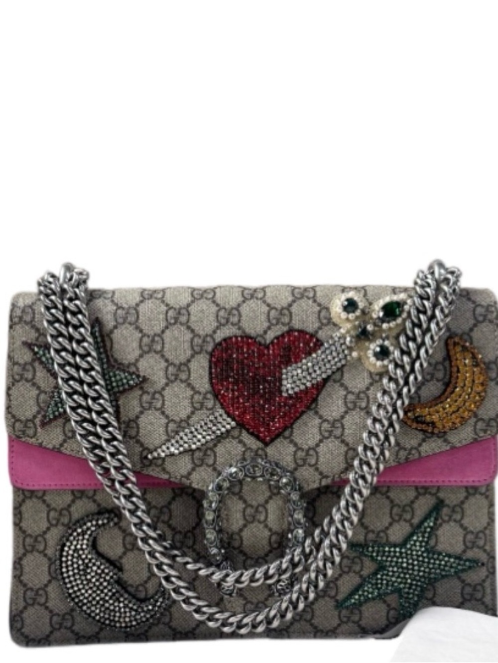 Gucci GG Supreme Embellished Shoulder Bag with Pink Trim and Multicolor Beading